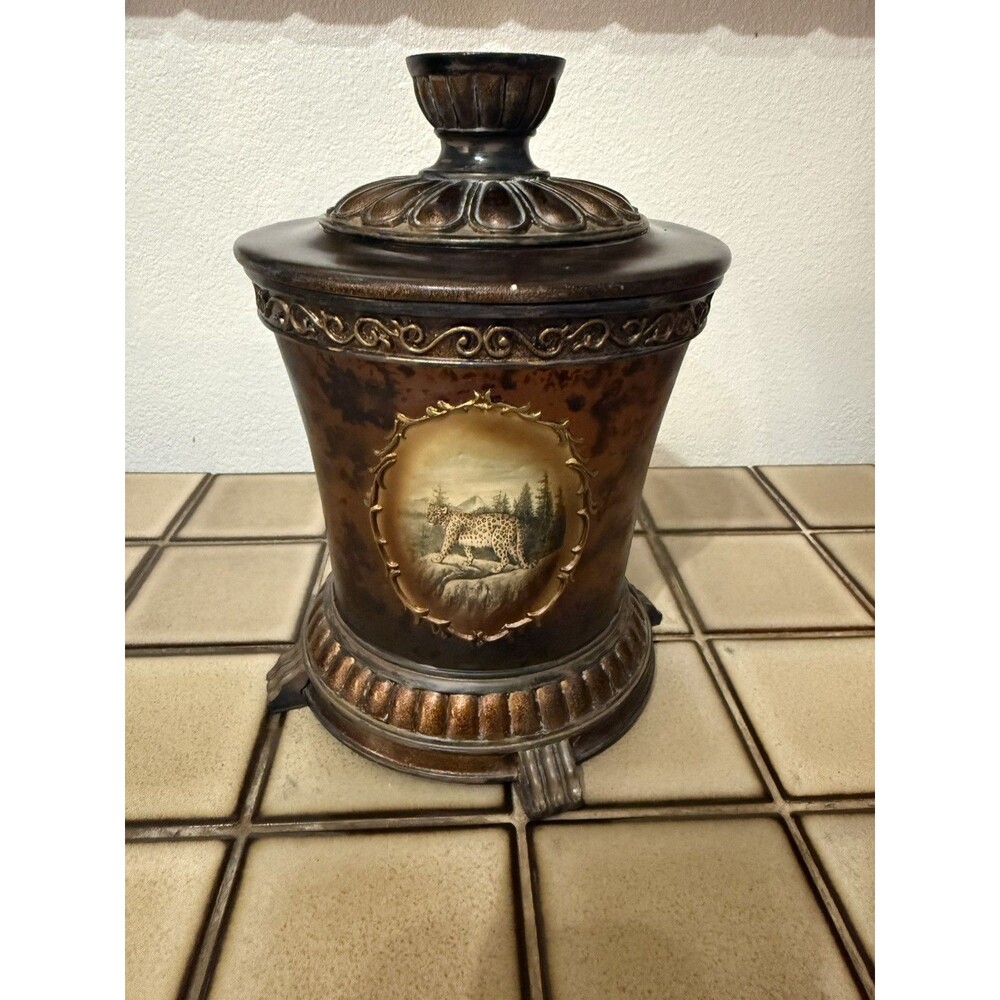 Vintage Leopard Lidded Canister Urn Faux Tortoiseshell Resin Safari Decor 10"